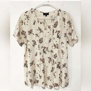 Roolee Nara Blossom Floral Print Pleated Babydoll Cotton/Linen Blend Blouse